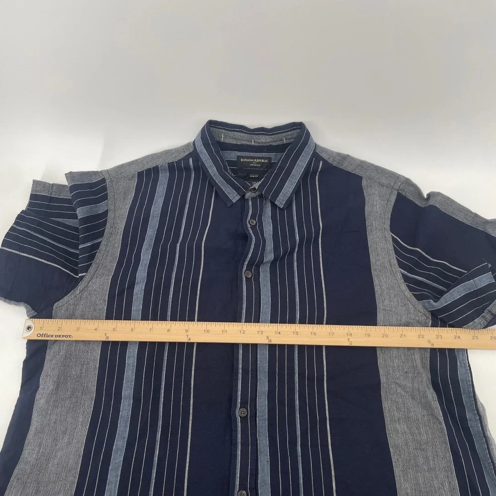 Banana Republic Shirt Mens XL Blue Striped Linen Blend Slim Fit Short Sleeve